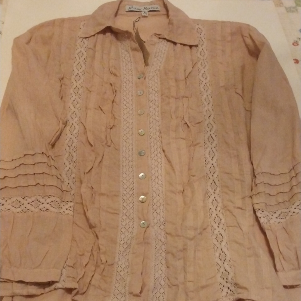 Sundance JP & Mattie Beige Lace Button-Up Blouse